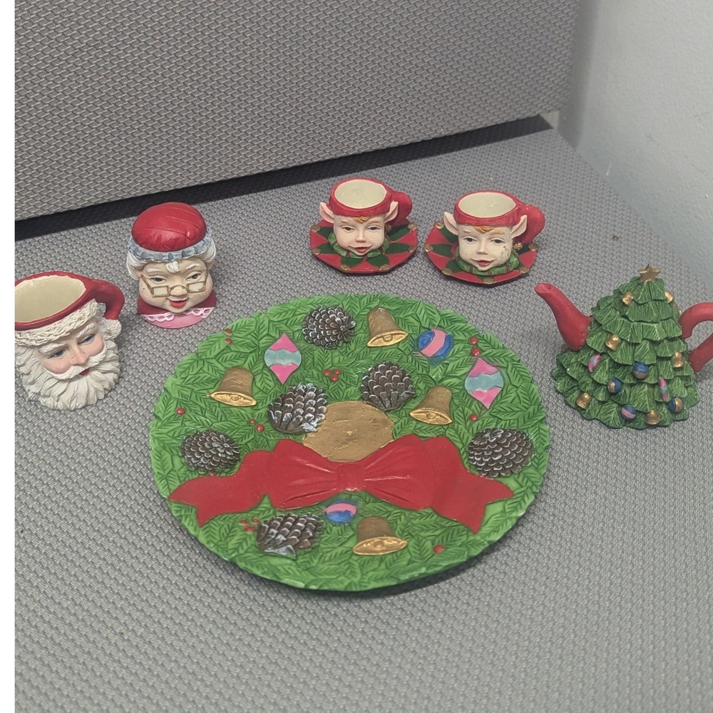 Vintage 1996 Miniature Christmas Tea Set Santa Elf Tree Resin Festive Jolly 10pc